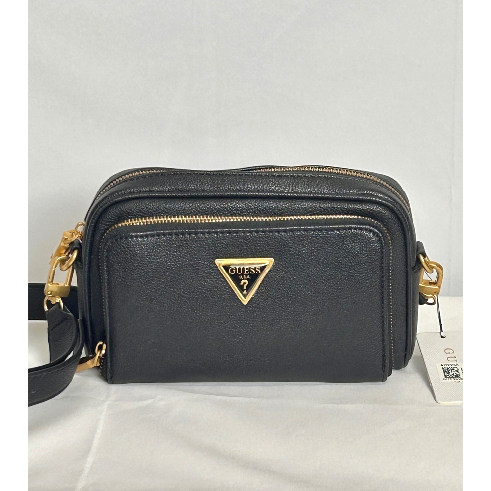 Guess Black Pebbled Faux Leather Double Zip Crossbody Bag Gold Logo NWT